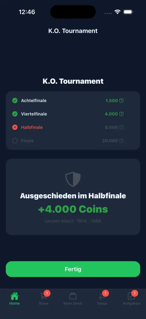 K.O. Tournament — Ergebnis mit Auszahlung
